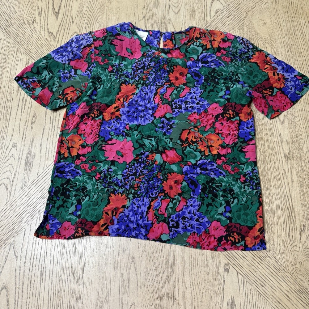 VTG Christie & Jill Small 100% Silk Floral Blouse Short‎ Sleeve Vintage